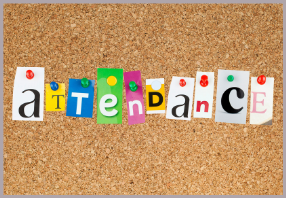  Cork board with pinned multicolor alphabet letters spelling out attendance